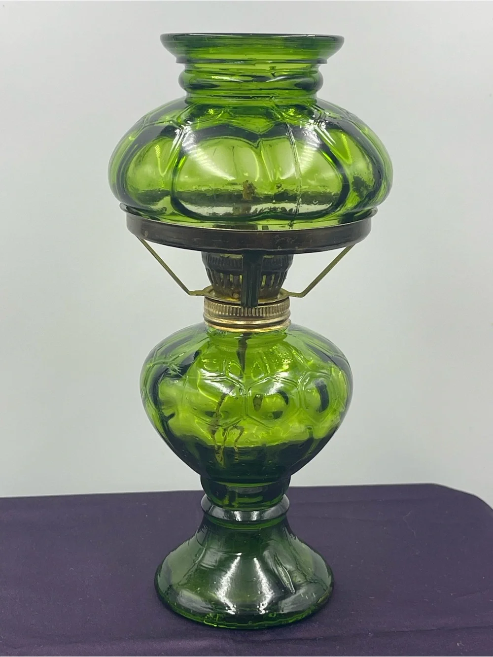 Vintage Emerald Green Pressed Glass Hurricane Oil Lamp w/Brass Metal Wick Collar